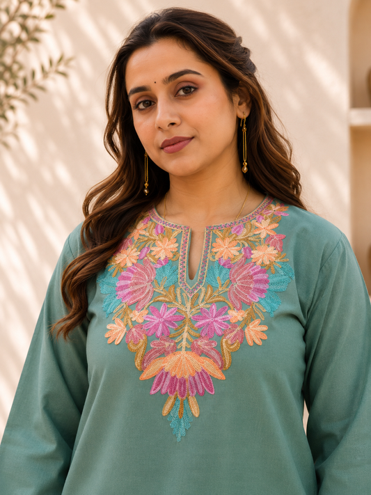 Handcrafted Aari Work Short Kurta in Sea Green Cotton