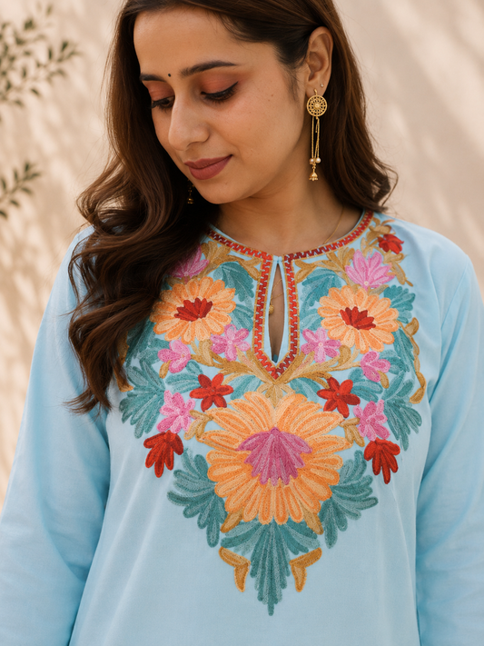 Aari Work Short Kurta in Handcrafted Sea Blue Cotton