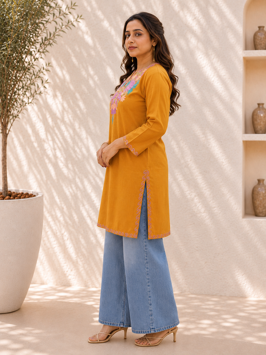 Aari Work Short Kurta in Ruby Cotton with Floral Embroidery
