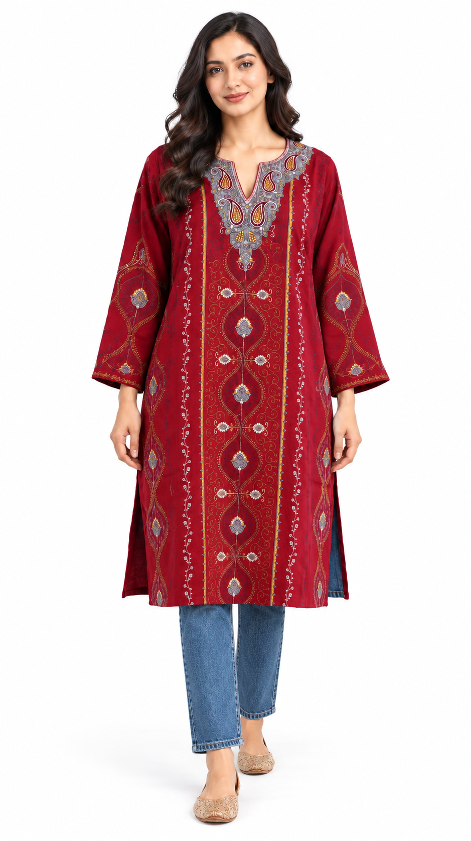 Maroon Sozni Work Pheran – Koshur Winter