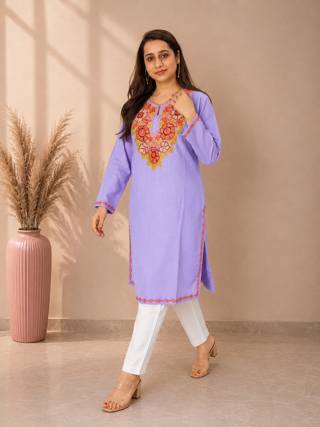 Lavender Aari Work Long Kurti in Ruby Cotton