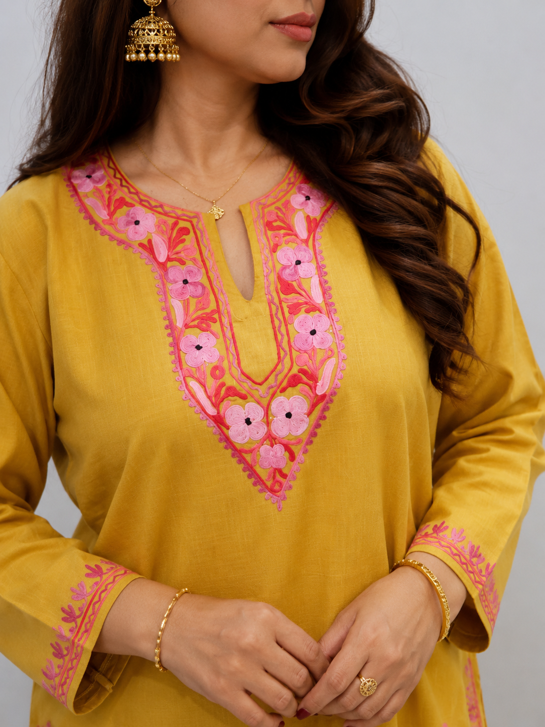 Golden Pink Jali Daman Aari Work Cord Set in Ruby Cotton
