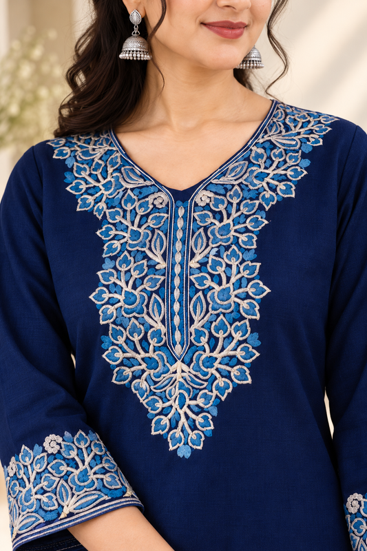 Navy Aari work co-ord set — close-up of the embroidered neckline