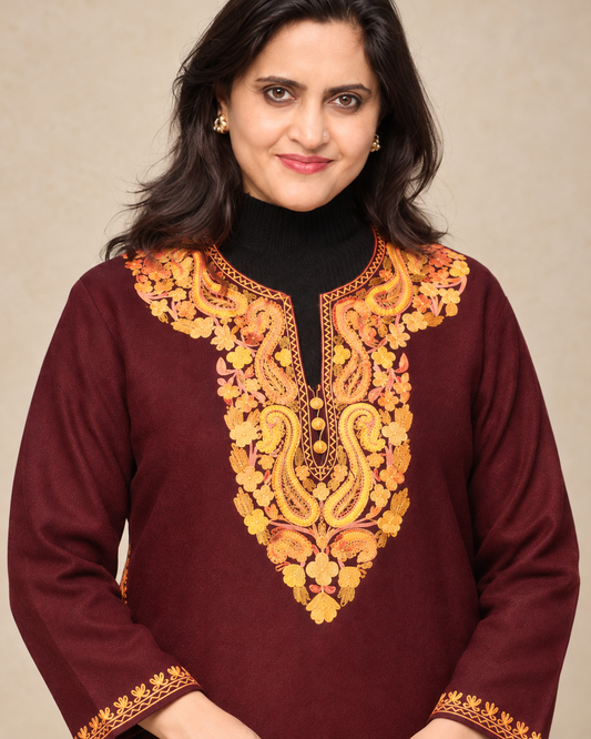 Wine Aari work long kurti — close-up of the embroidered neckline