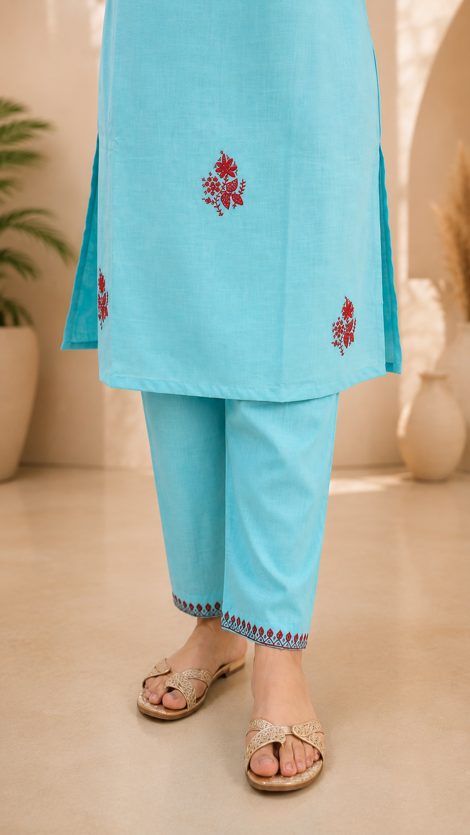 Sozni Handwork Cord Set in Sea Green Ruby Cotton