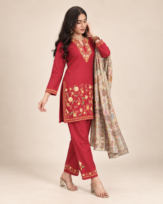 Red Jali Daman Aari work co-ord set in ruby cotton — alternate front view