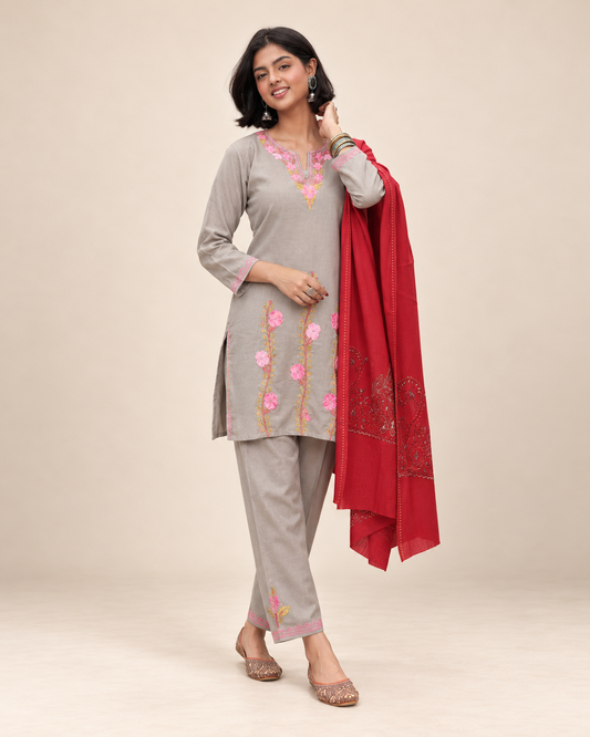 Grey Thari Daman Aari work co-ord set in ruby cotton — alternate front view
