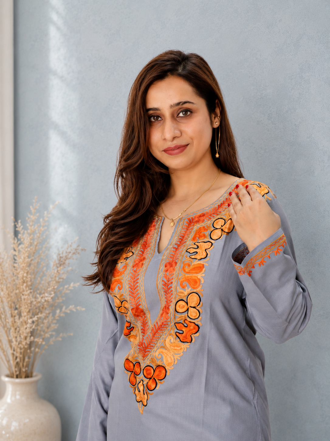 Aari Work Long Kurti in Grey and Orange Floral Motifs