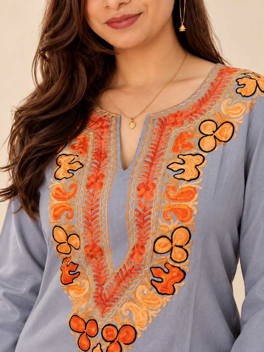 Grey and orange Aari work long kurti in ruby cotton — close-up of the embroidered neckline