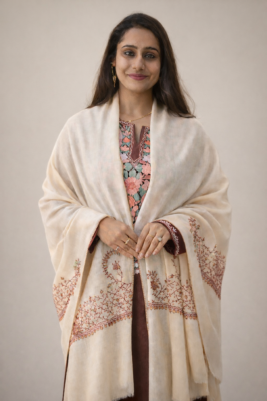Cream paisley Kashmiri embroidered stole — alternate front view