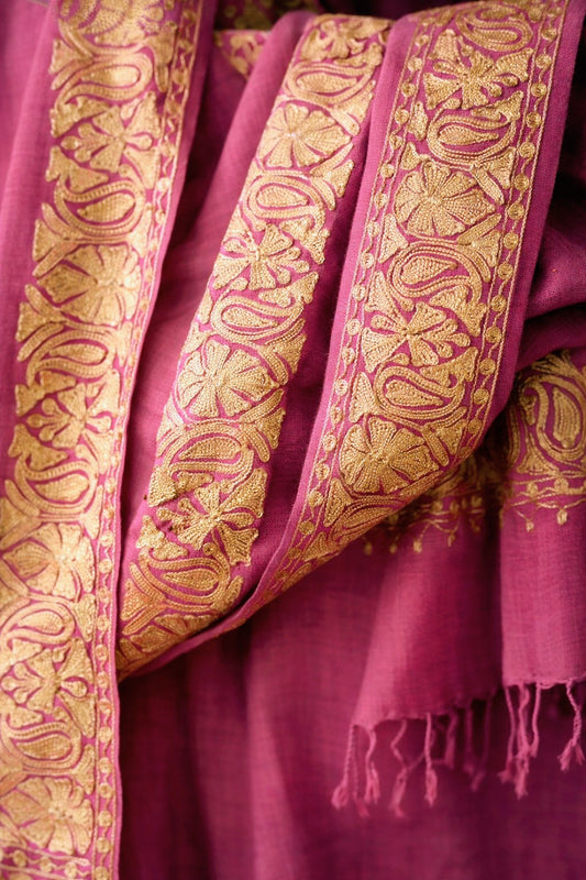 Pink Tilla work stole — detail of the embroidery