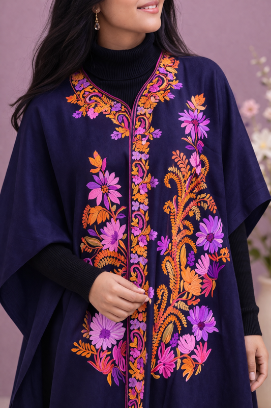 Navy Aari work cape shawl — close-up of the embroidery