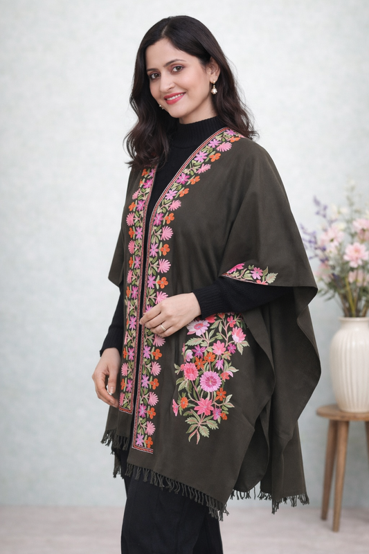Olive Aari work cape shawl — close-up of the embroidery