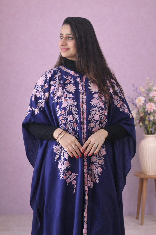 Navy and ivory Aari work cape shawl — alternate front view