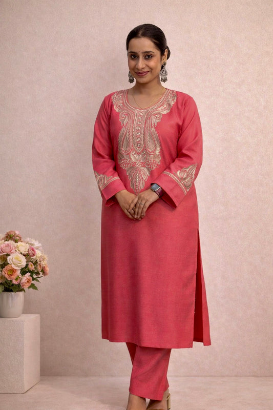 Pink Tilla work pheran set — alternate front view