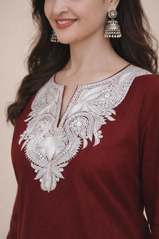 Wine Tilla work pheran — close-up of the embroidered neckline