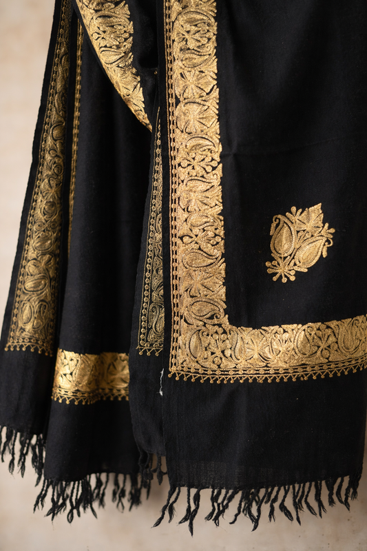 Black Tilla work stole — detail of the embroidery