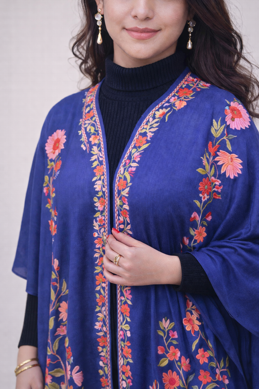Indigo Aari work cape shawl — close-up of the embroidery