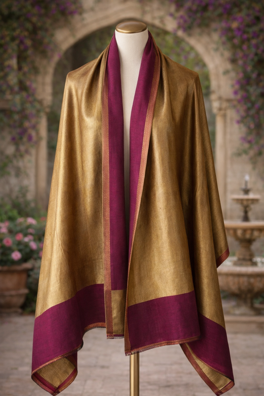 Magenta zari weave pashmina stole — on a stand, second angle