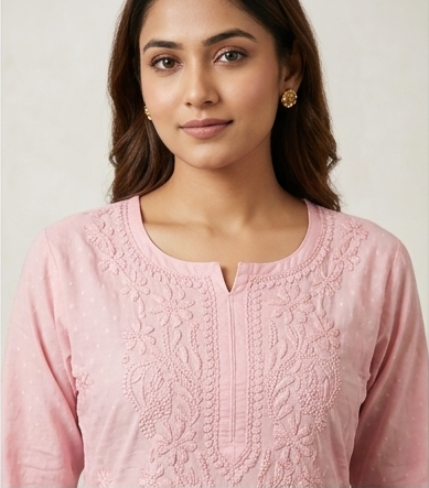 Dark Pink Chikankari Long Kurta – Nawabi Summer, detail view