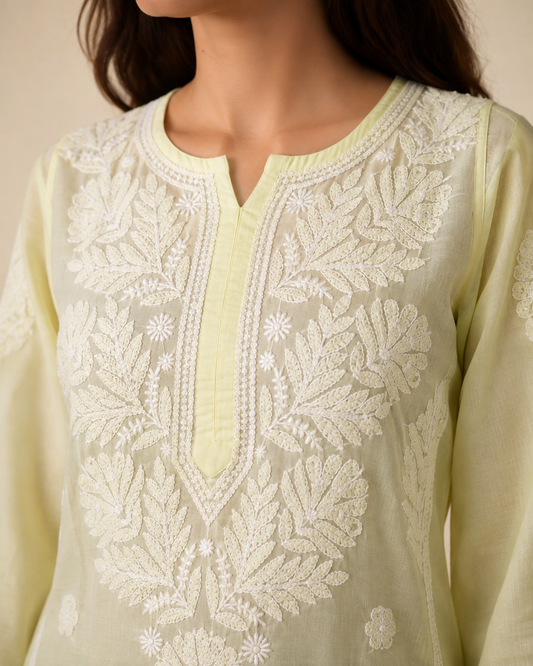 Lemon Chikankari Long Kurta – Nawabi Summer, detail view