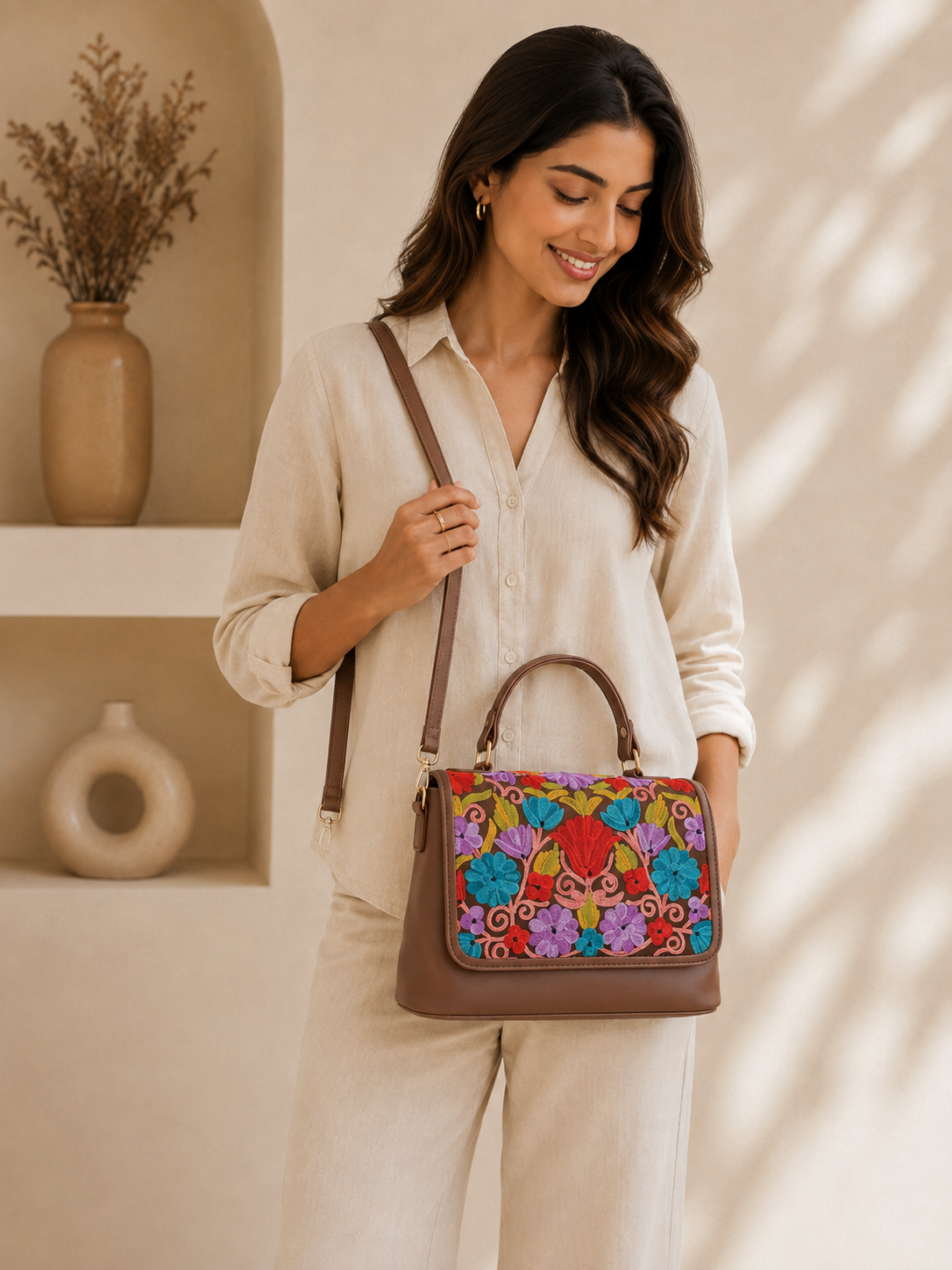 Brown Aari Work Top Handle Handbag — embroidery detail