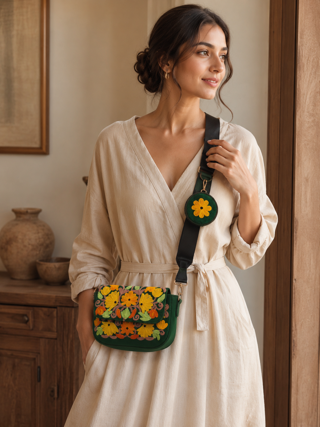 Forest Green Aari Work Sling Bag — embroidery detail