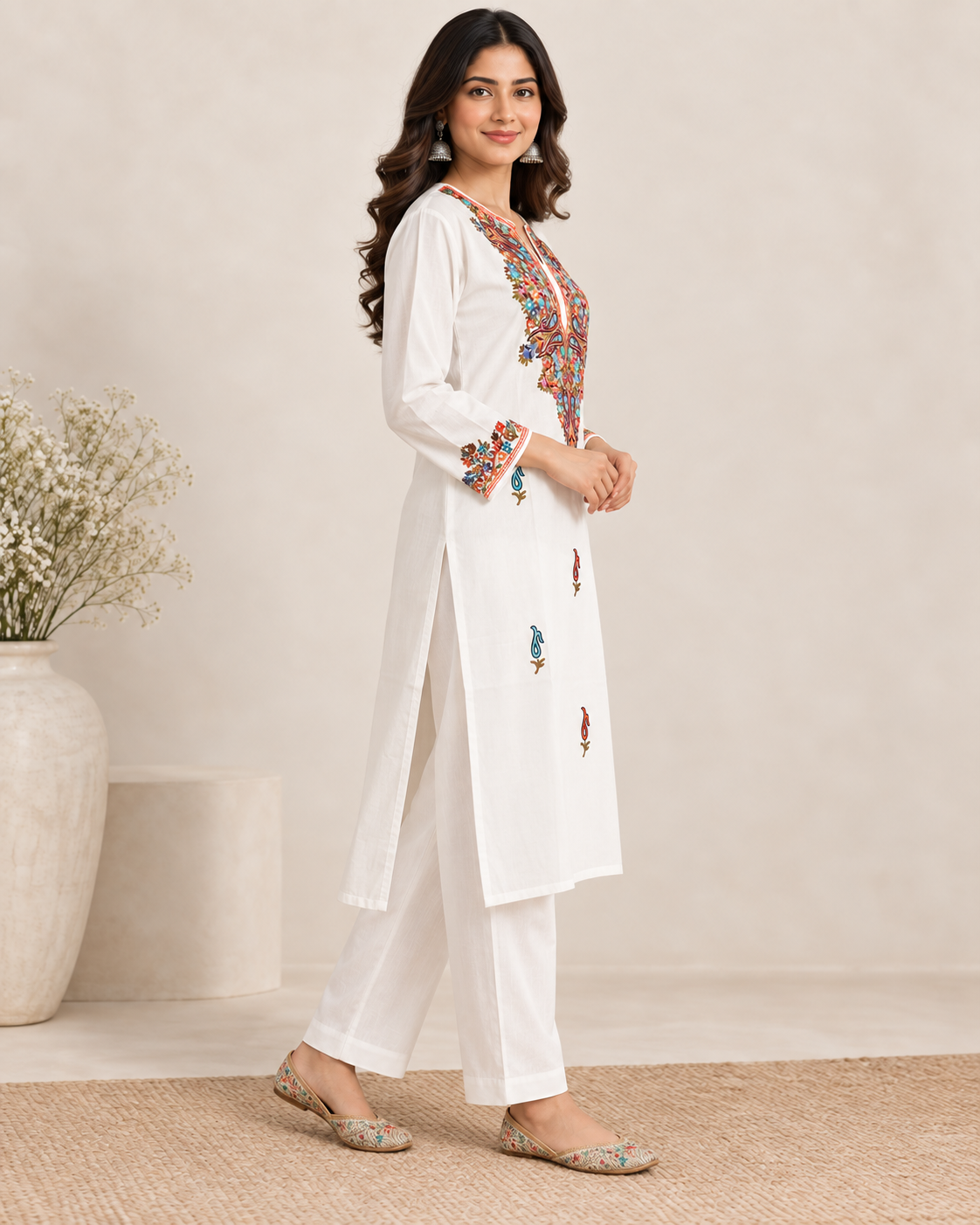 White Aari work co-ord set in ruby cotton — side view
