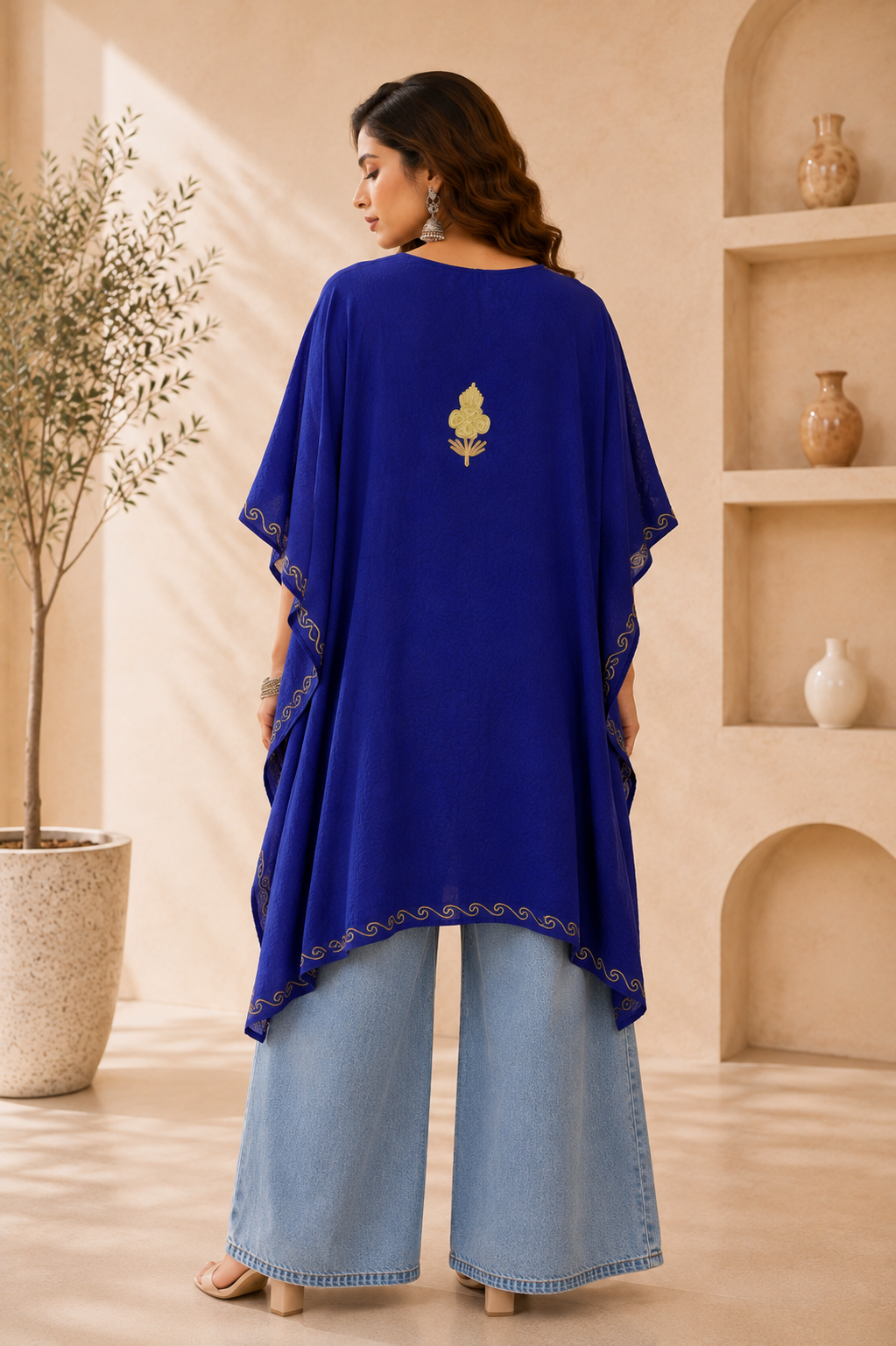 Red Blue Aari Work Kaftan - Koshur Summer - back