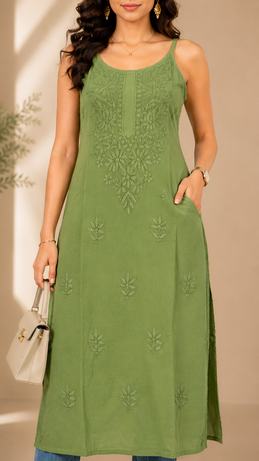 Olive Green Chikankari Long Kurta – Nawabi Summer