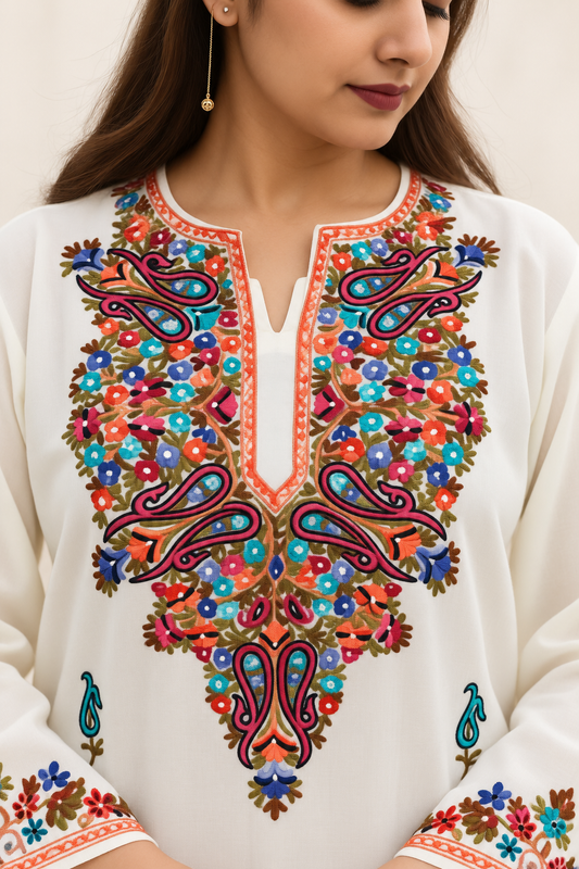 White Aari work co-ord set in ruby cotton — close-up of the embroidered neckline