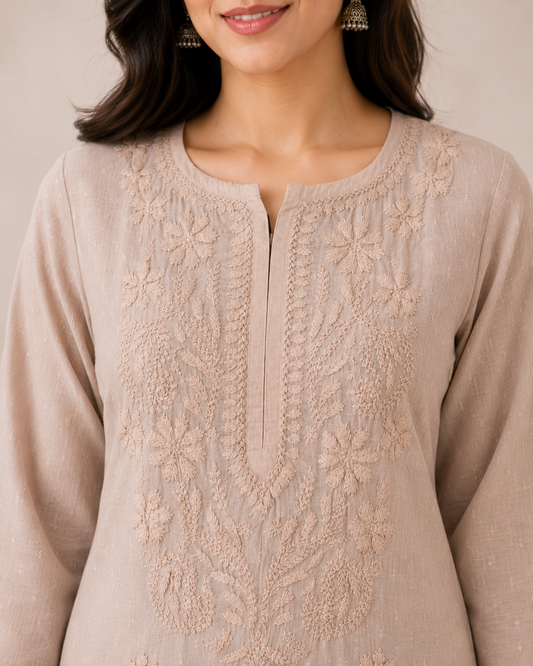 Off White Chikankari Long Kurta – Nawabi Summer, detail view