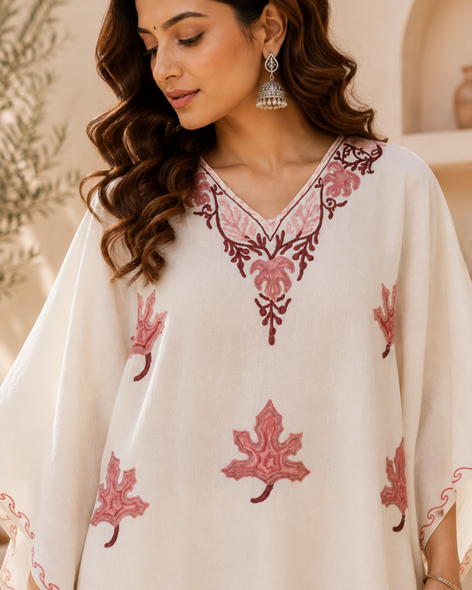 Off White Aari Work Kaftan Set - Koshur Summer 2