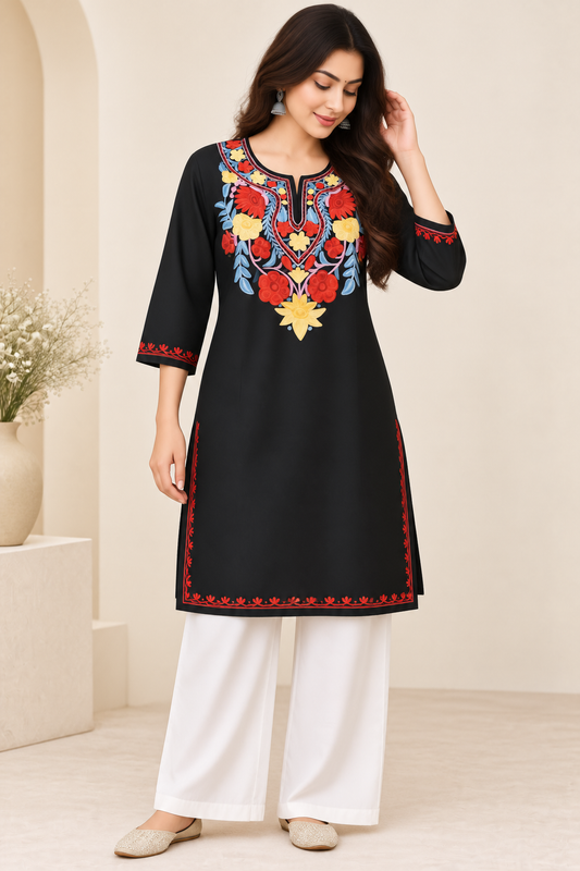 Black Red Yellow Aari Work Long Kurti – Summer Tops