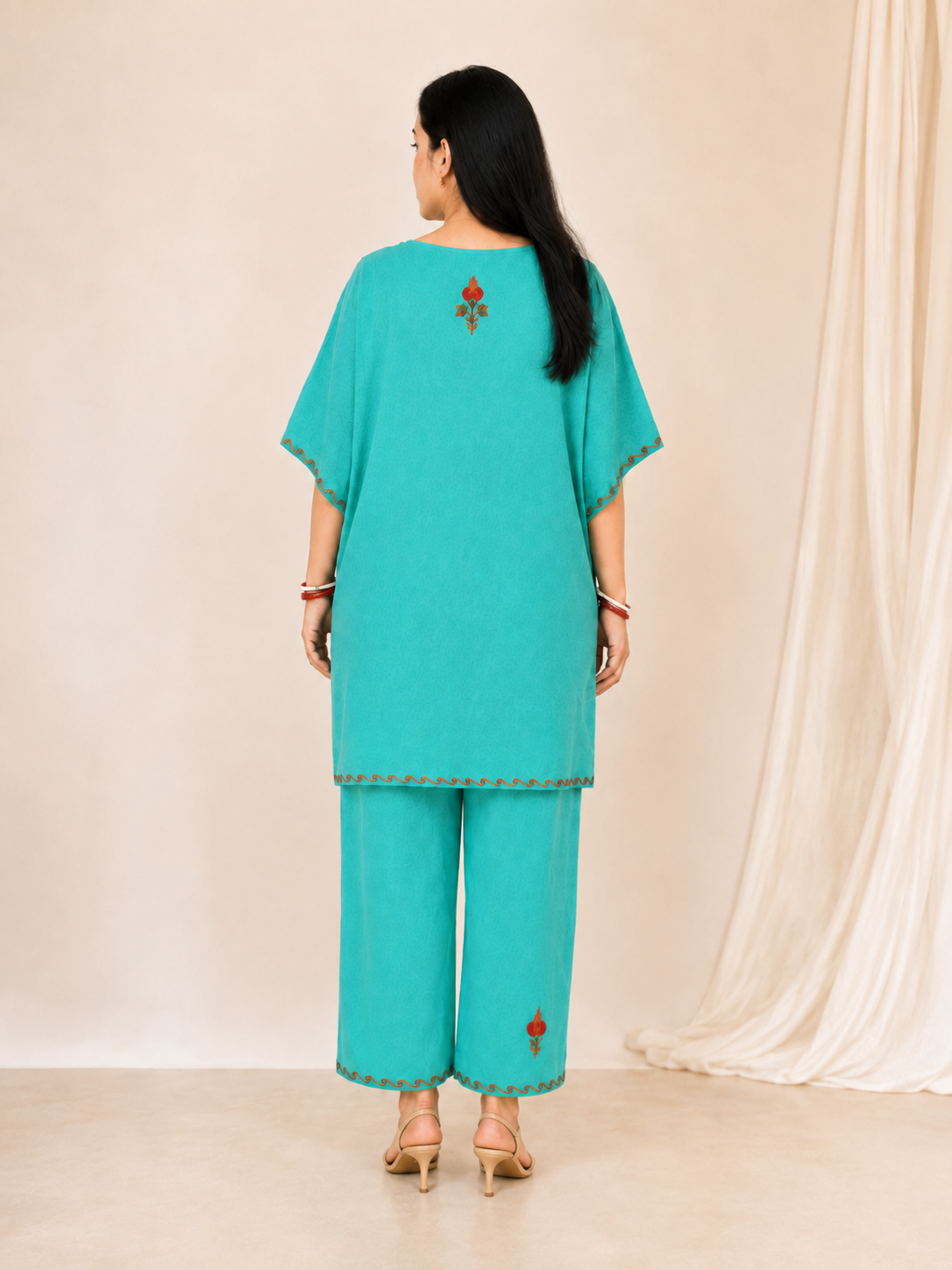 Turquoise Aari Work Kaftan Set - Koshur Summer 3