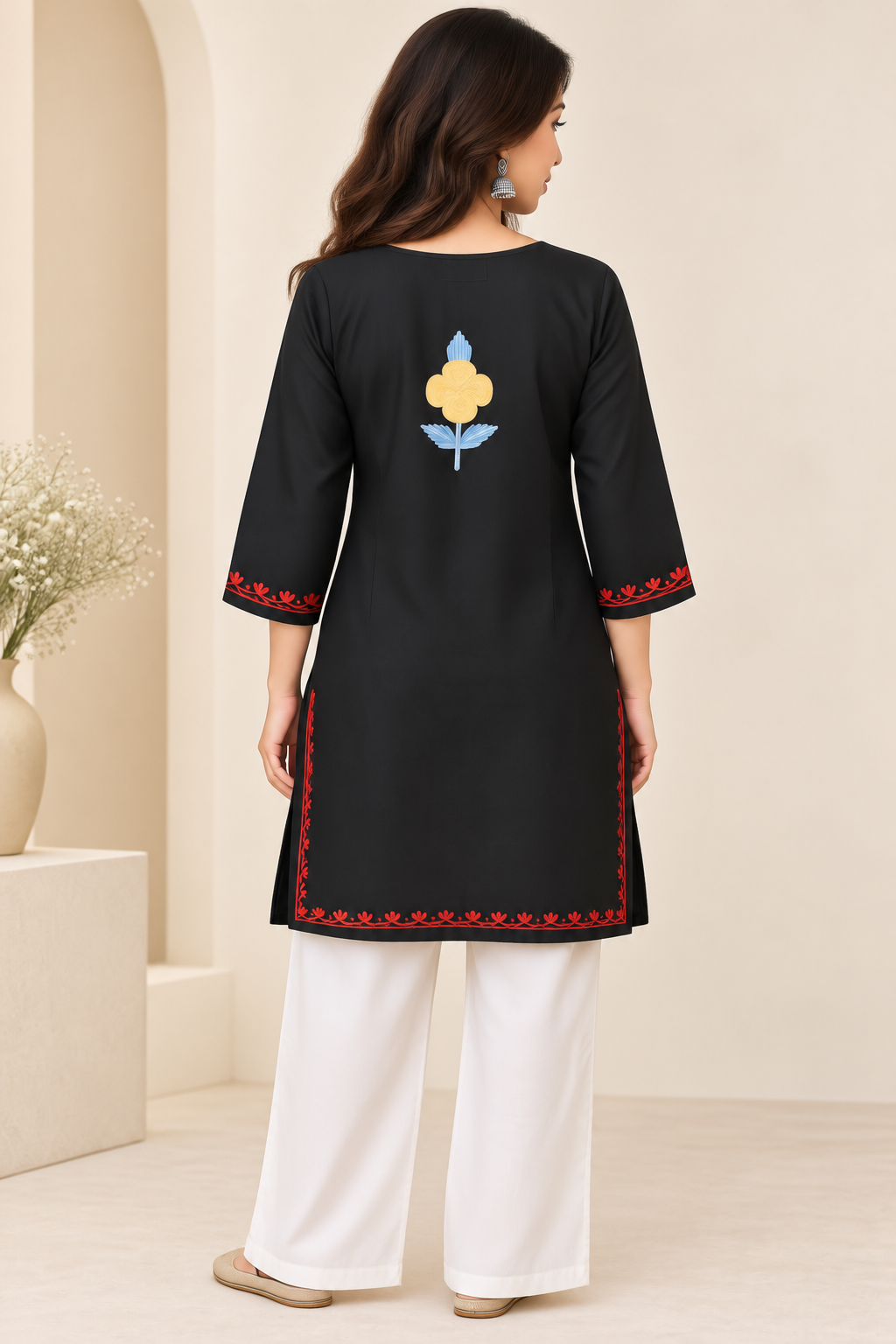 Black Red Yellow Aari Work Long Kurti – Summer Tops