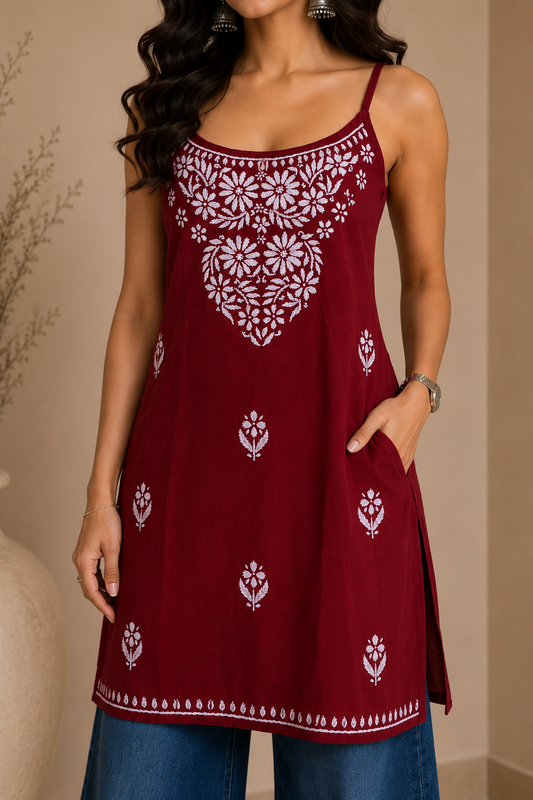 Maroon Chikankari Short Kurta – Nawabi Summer
