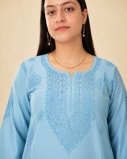Teal Chikankari Cord Set – Nawabi Summer, detail view
