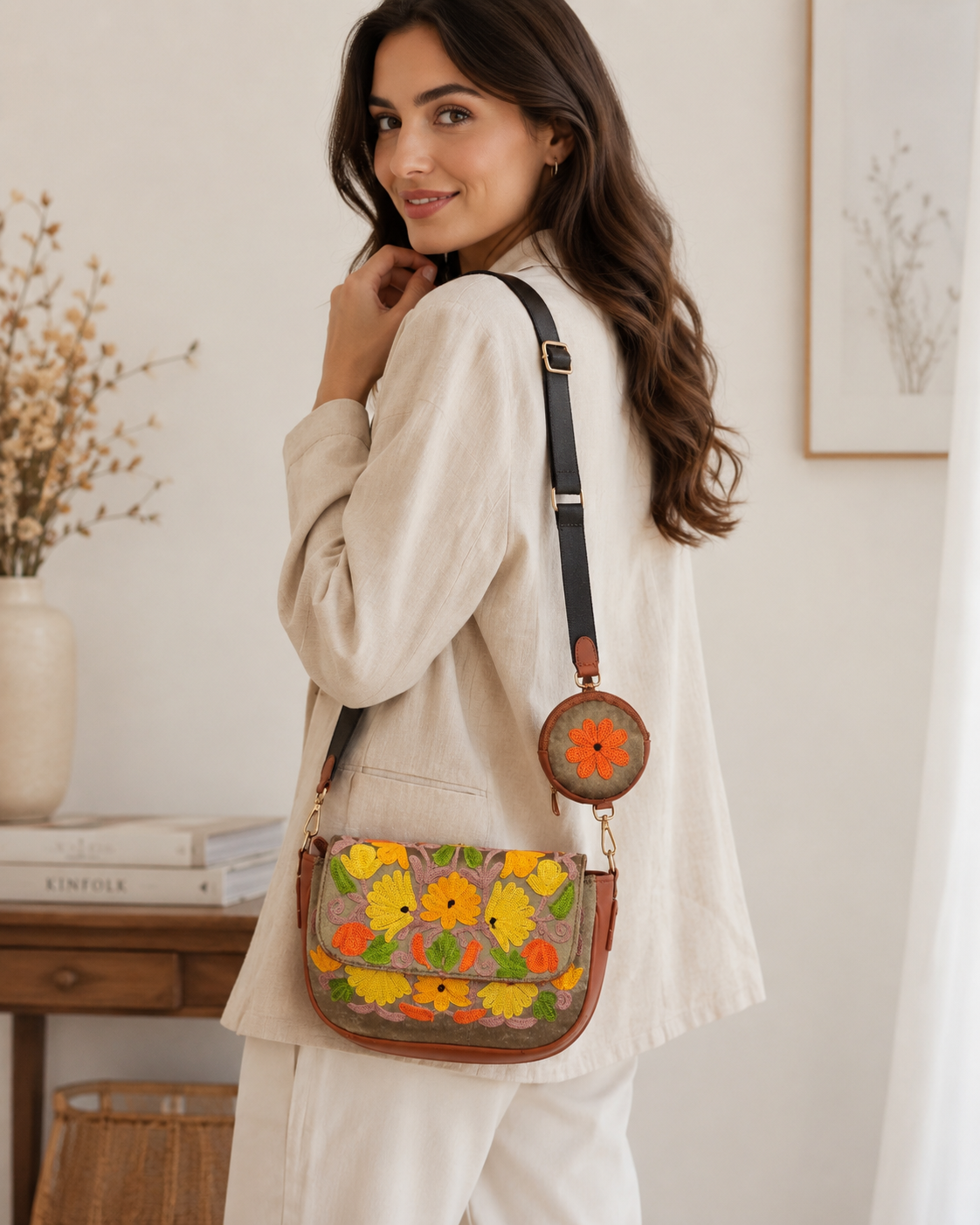 Rust Aari Work Sling Bag — embroidery detail
