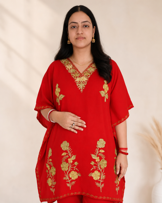 Red Aari Work Kaftan Set - Koshur Summer 2