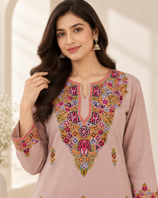 Taupe Aari work co-ord set in ruby cotton — close-up of the embroidered neckline