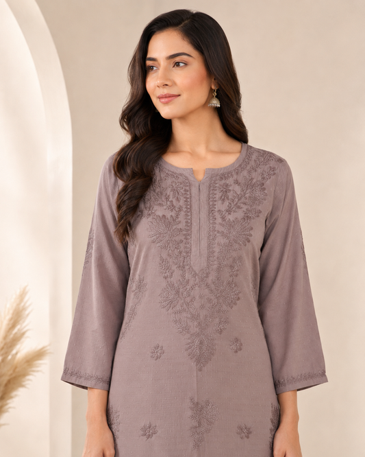 Brown Chikankari Long Kurta – Nawabi Summer, detail view