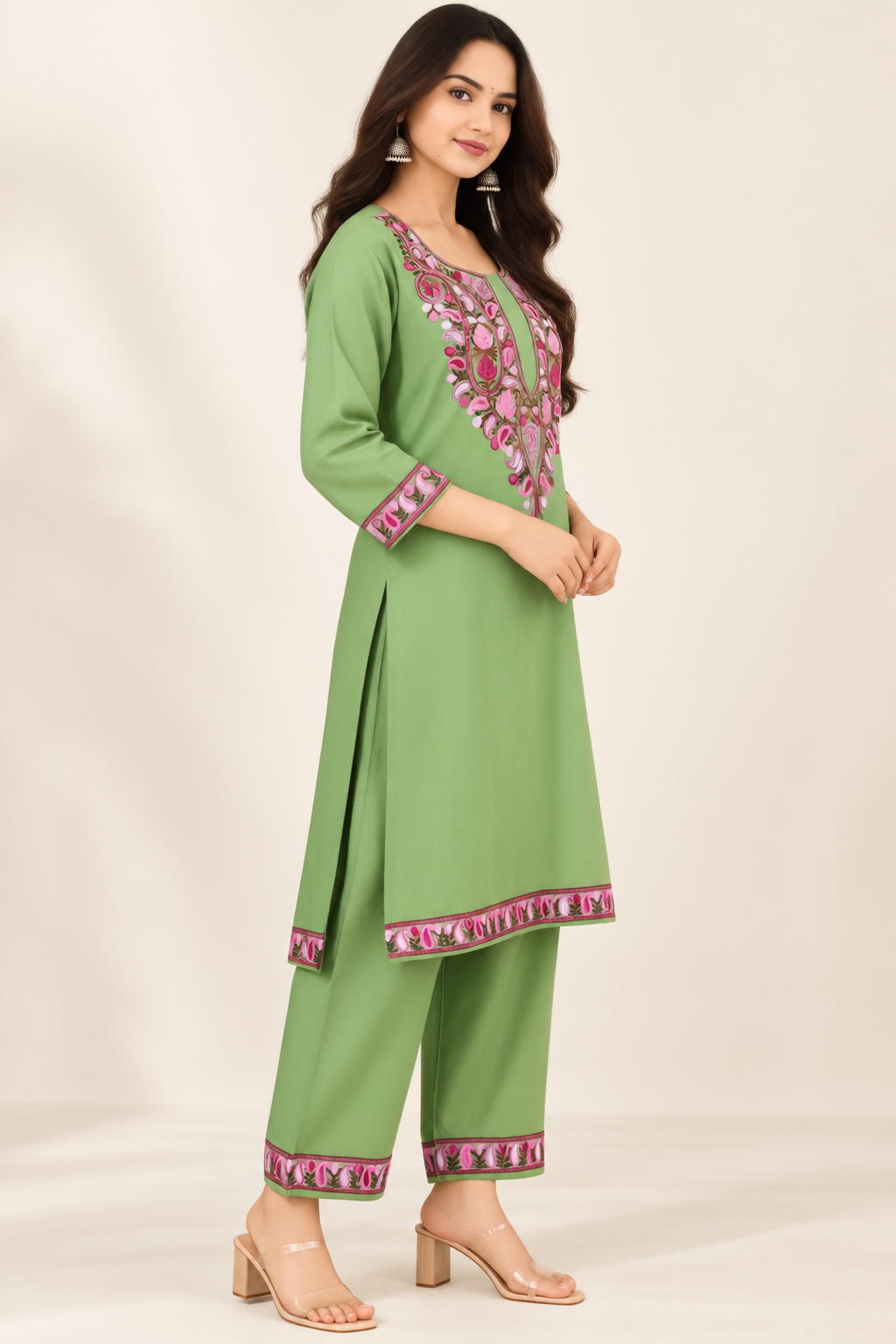 Green Aari work co-ord set in woolen — side view