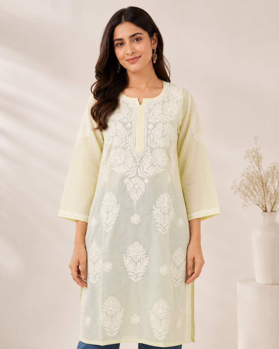 Lemon Chikankari Long Kurta – Nawabi Summer, additional view