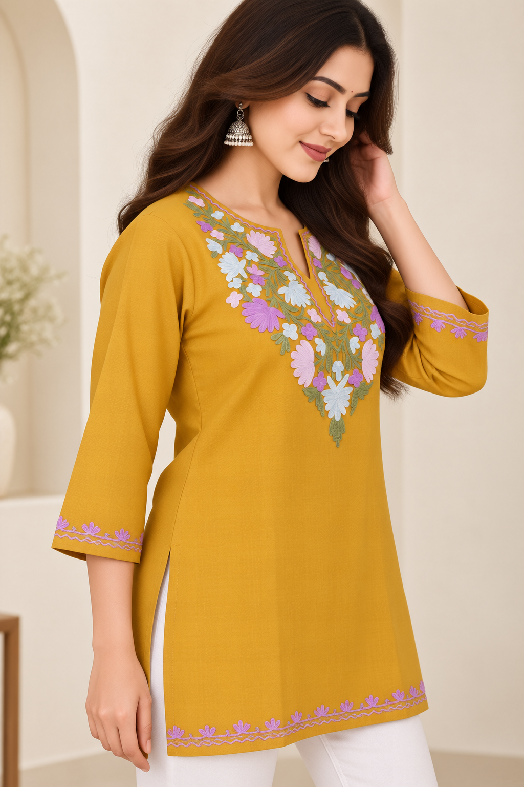 Mustard Purple Aari Work Short Kurti – Summer Tops
