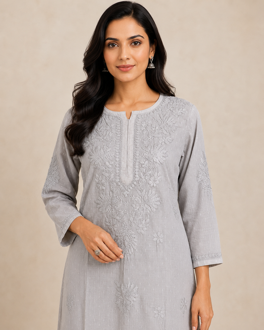 Silver Chikankari Long Kurta – Nawabi Summer