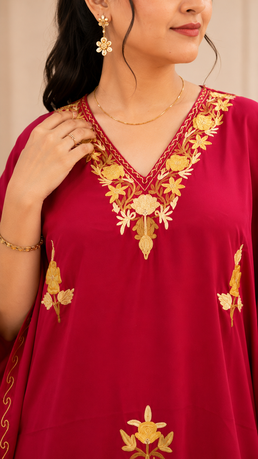 Aari Work Crepe Kaftan in Soft Pink with Gold Motifs
