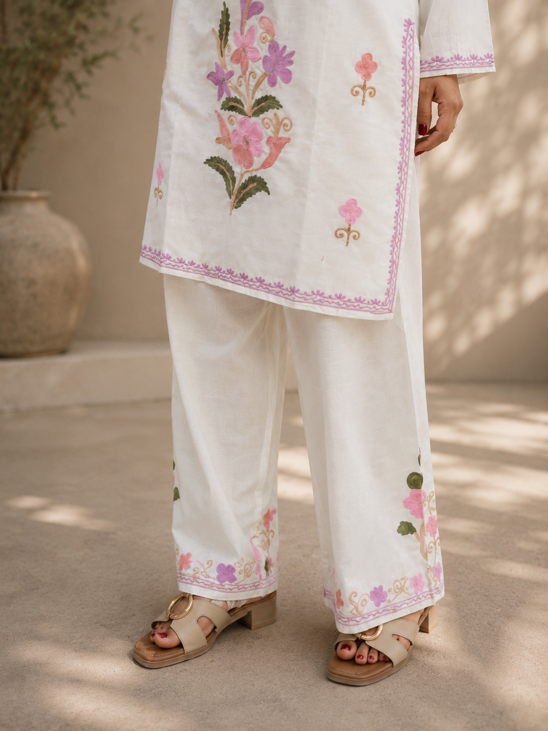 Flower Daman Aari Work Cord Set in Ruby Cotton