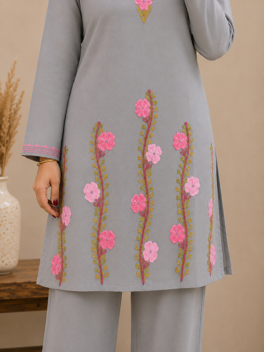 Thari Daman Aari Work Cord Set in Ruby Cotton Grey