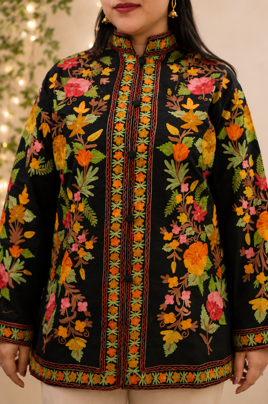 Black Aari Work Coat in Silk with Floral Motifs